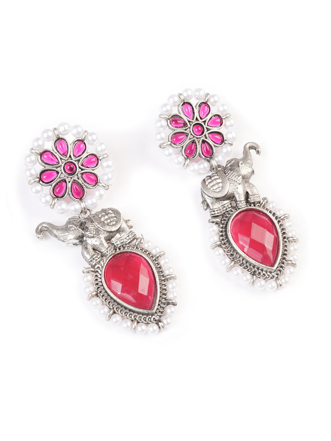 Silver-Plated Stones Studded And Beaded Animal Shaped Oxidised Drop Earrings