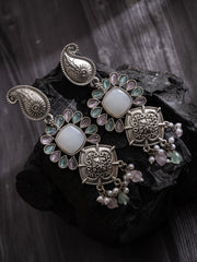 Silver-Plated Stones Studded And Beaded Contemporary Shaped Oxidised Drop Earrings