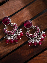Silver-Plated Stones Studded And Beaded Contemporary Shaped Oxidized Drop Earrings