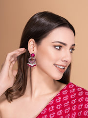 Silver-Plated Stones Studded And Beaded Contemporary Shaped Oxidized Drop Earrings