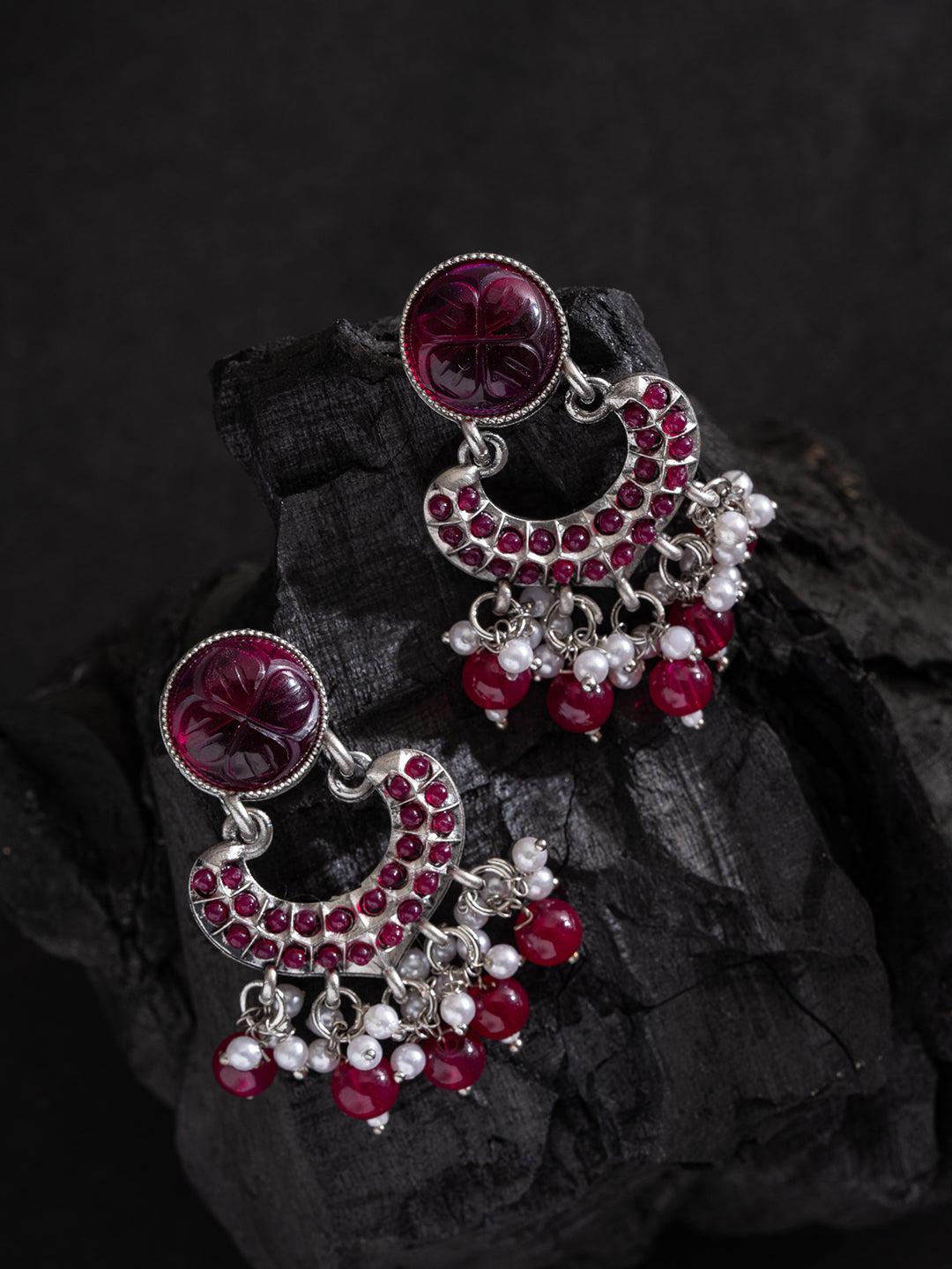 Silver-Plated Stones Studded And Beaded Contemporary Shaped Oxidized Drop Earrings