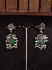 Silver-Plated Stones Studded And Beaded Contemporary Shaped Oxidized Drop Earrings