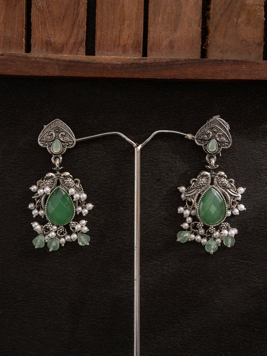 Silver-Plated Stones Studded And Beaded Contemporary Shaped Oxidized Drop Earrings