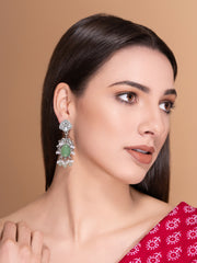 Silver-Plated Stones Studded And Beaded Contemporary Shaped Oxidized Drop Earrings