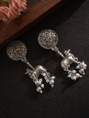 Silver-Plated Artifical Beaded Animal Shaped Oxidised Drop Earrings