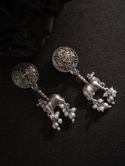 Silver-Plated Artifical Beaded Animal Shaped Oxidised Drop Earrings