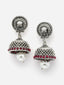 Silver-Plated Dome Shaped Pearls & Stone Studded Oxidised Jhumkas