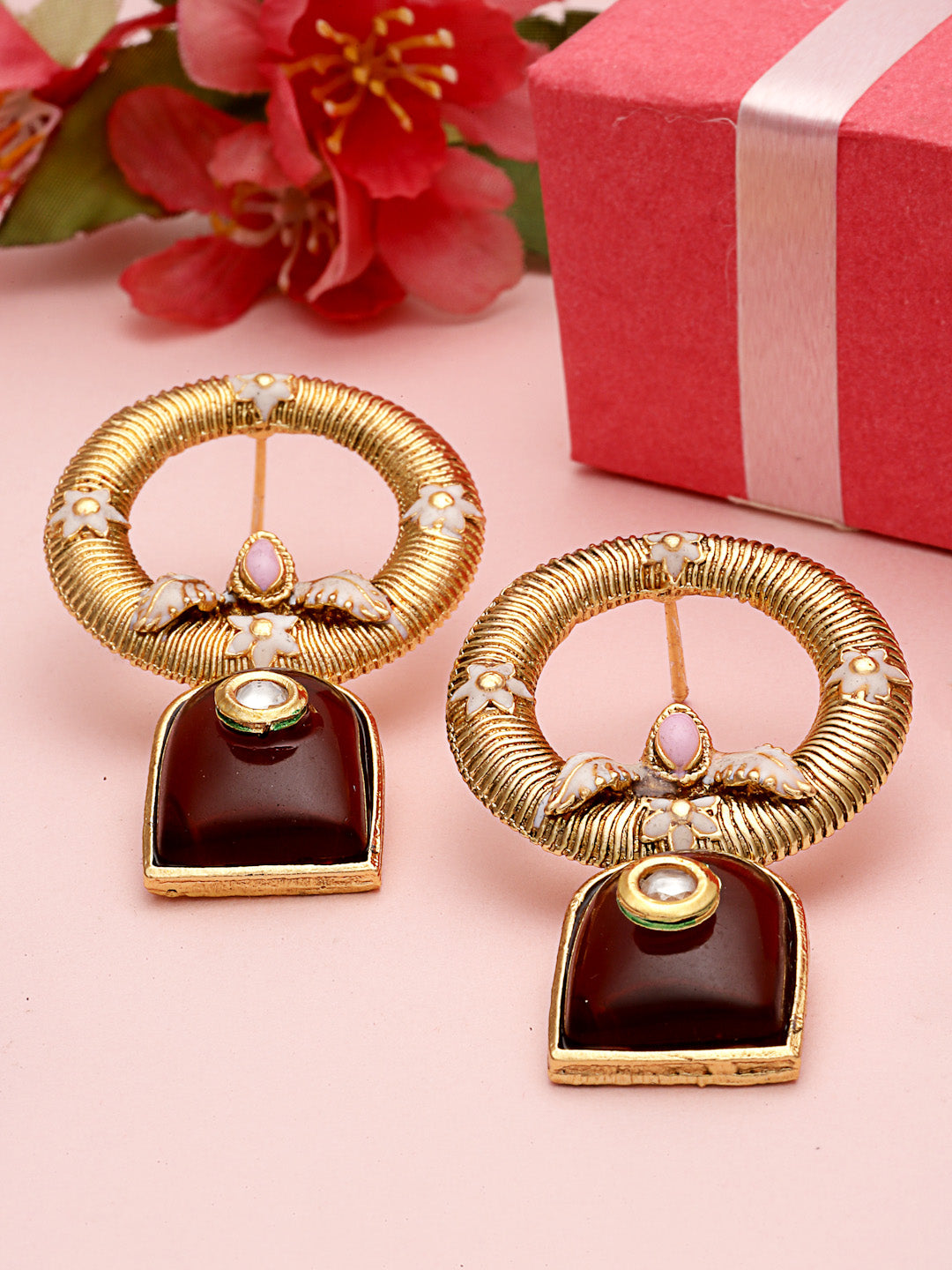 Gold-Plated Stone Studded Contemporary Drop Earrings