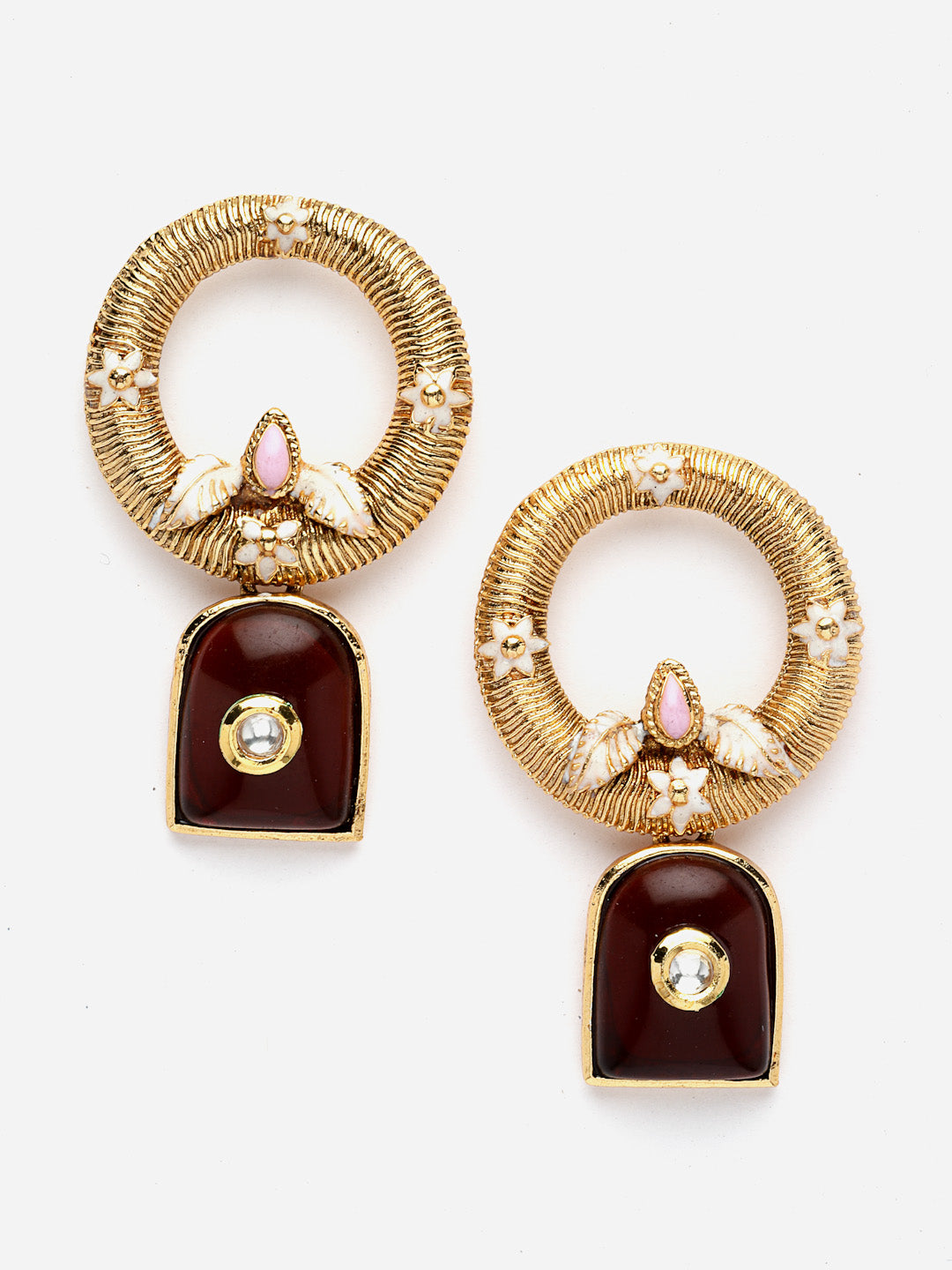 Gold-Plated Stone Studded Contemporary Drop Earrings