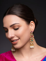 Gold-Plated Artificial Stones Studded & Beaded Contemporary Shaped Drop Earrings