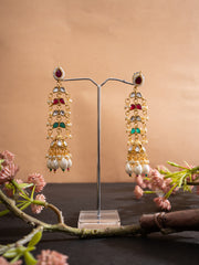 Gold-Plated Artificial Stones Studded & Beaded Contemporary Shaped Drop Earrings