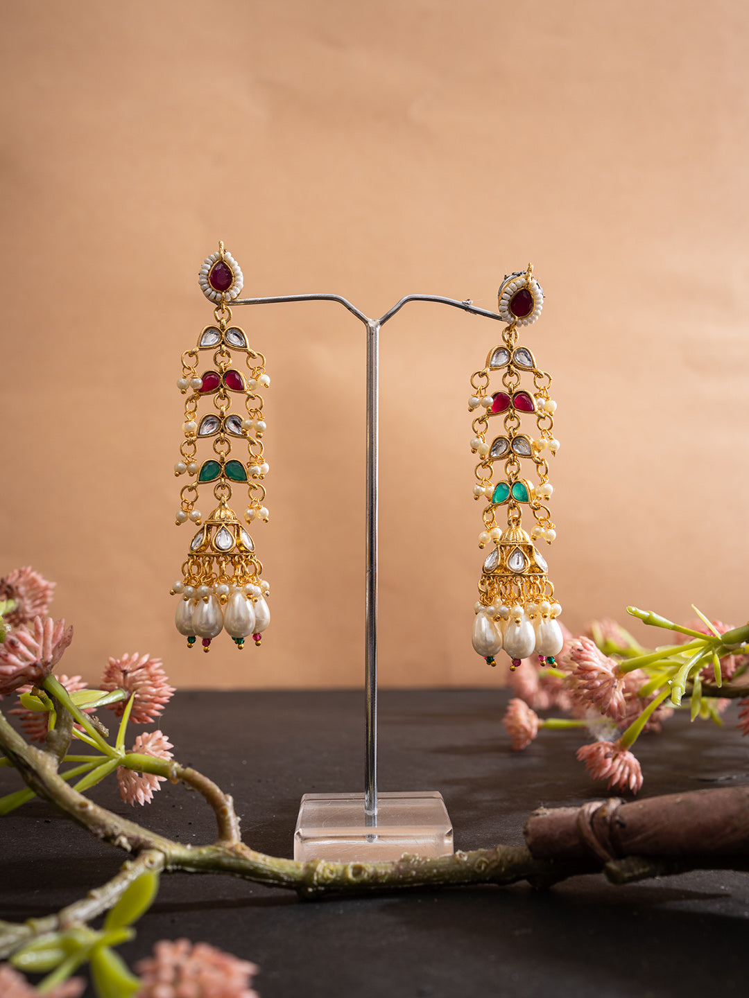 Gold-Plated Artificial Stones Studded & Beaded Contemporary Shaped Drop Earrings