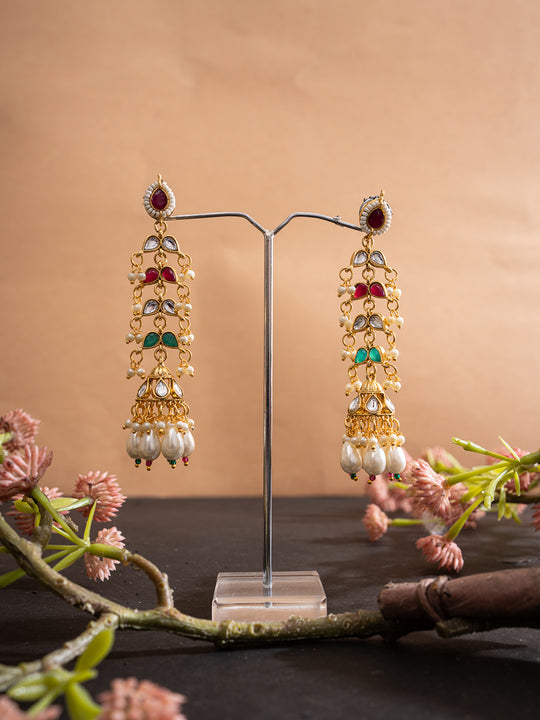 Gold-Plated Artificial Stones Studded & Beaded Contemporary Shaped Drop Earrings