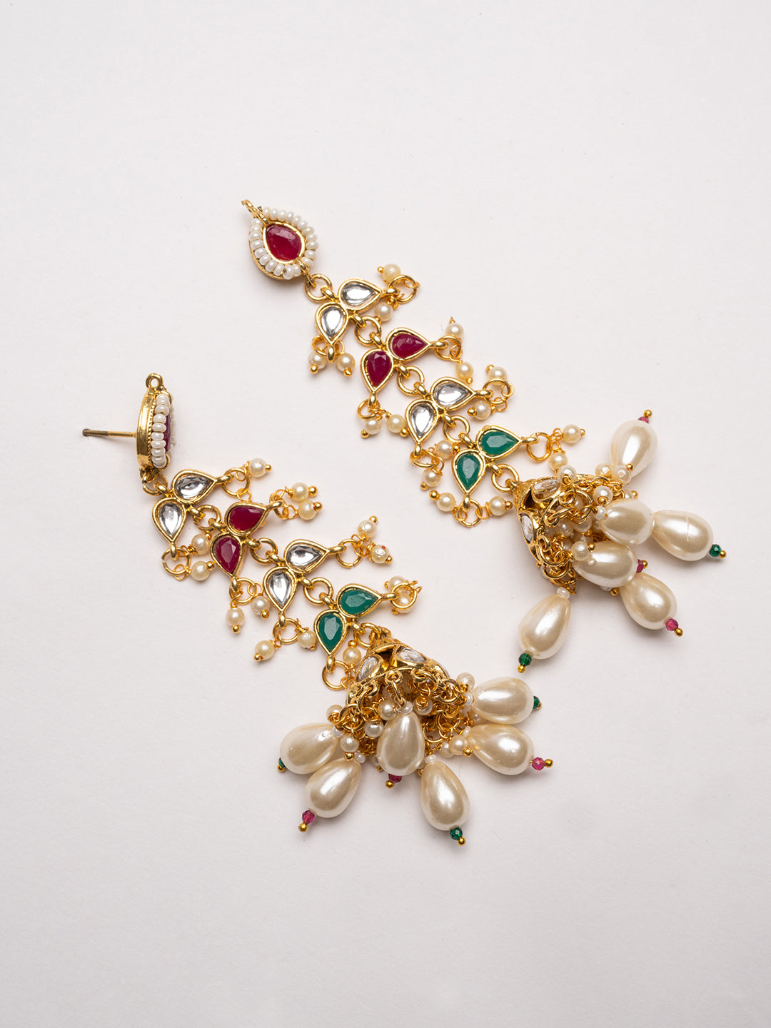 Gold-Plated Artificial Stones Studded & Beaded Contemporary Shaped Drop Earrings