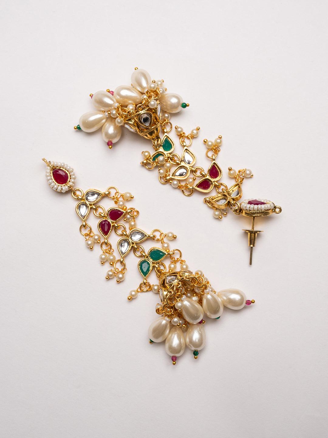 Gold-Plated Artificial Stones Studded & Beaded Contemporary Shaped Drop Earrings