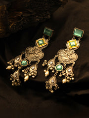 Gold-Plated Artificial Stones Studded & Beaded Square Shaped Drop Earrings