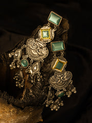 Gold-Plated Artificial Stones Studded & Beaded Square Shaped Drop Earrings