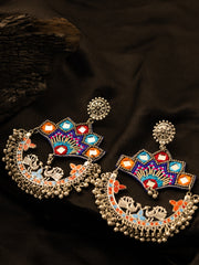 Silver-Plated Artificial Stones Studded Peacock Shaped Drop Earrings
