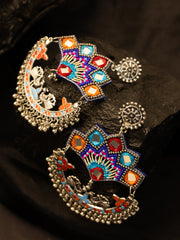 Silver-Plated Artificial Stones Studded Peacock Shaped Drop Earrings
