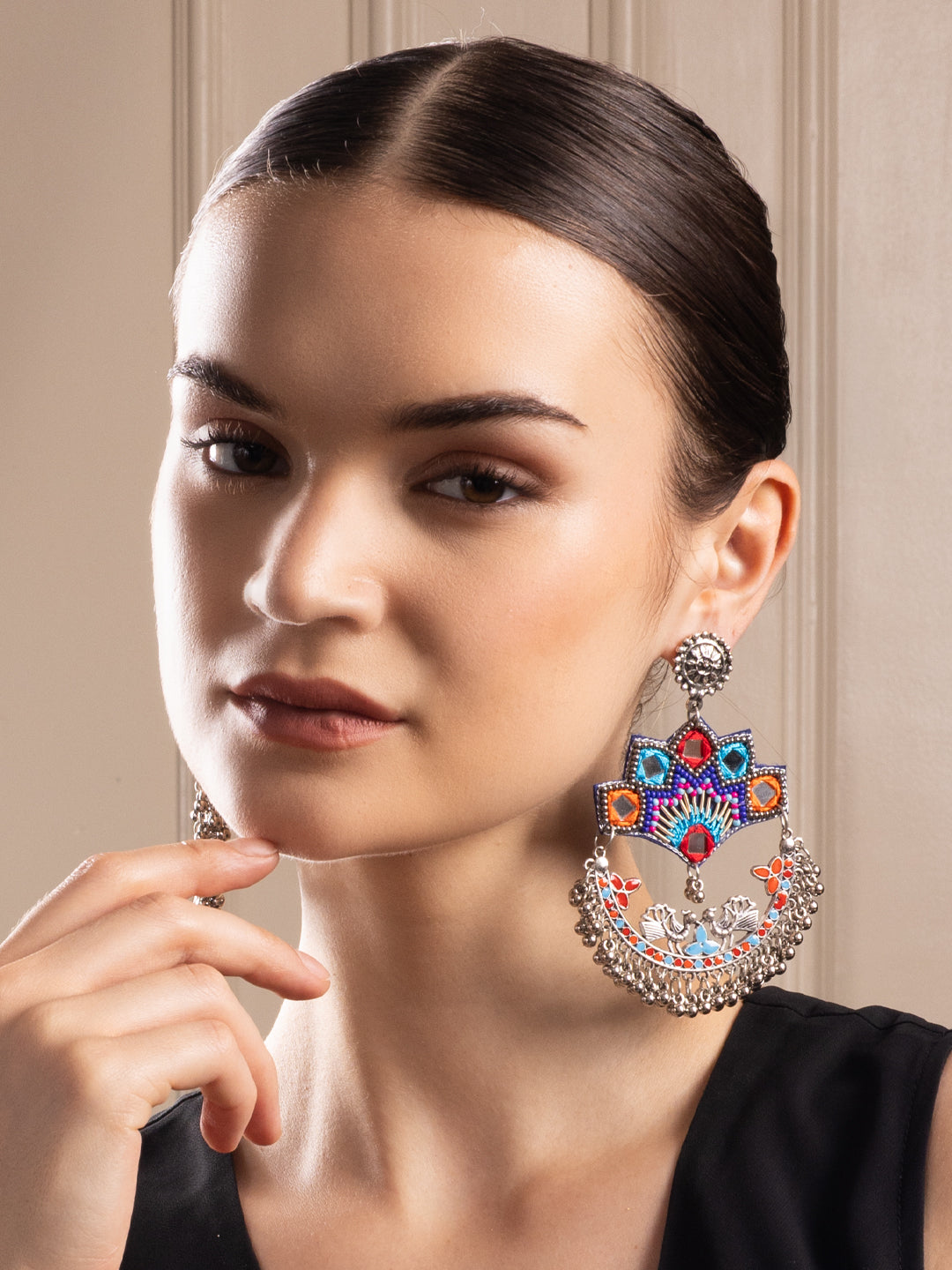 Silver-Plated Artificial Stones Studded Peacock Shaped Drop Earrings