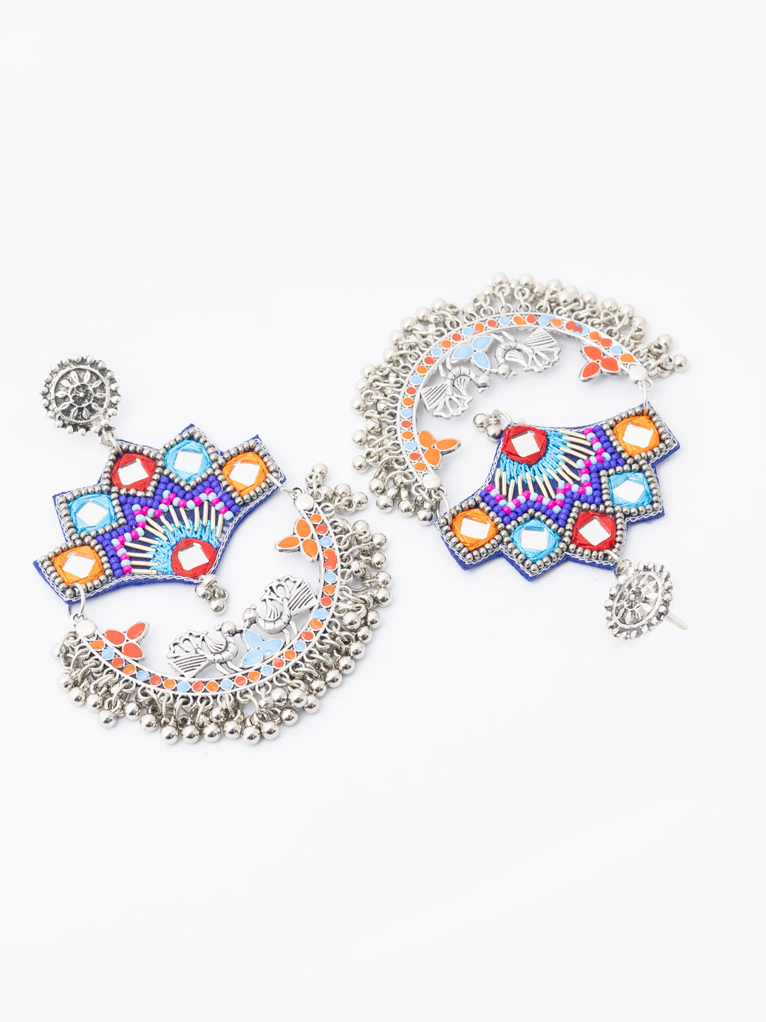Silver-Plated Artificial Stones Studded Peacock Shaped Drop Earrings