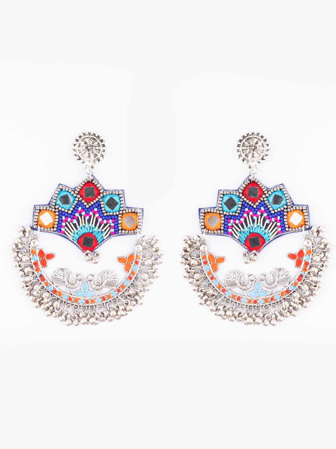 Silver-Plated Artificial Stones Studded Peacock Shaped Drop Earrings