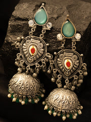 Silver-Plated Stones Studded And Beaded Contemporary Oxidised Drop Earrings