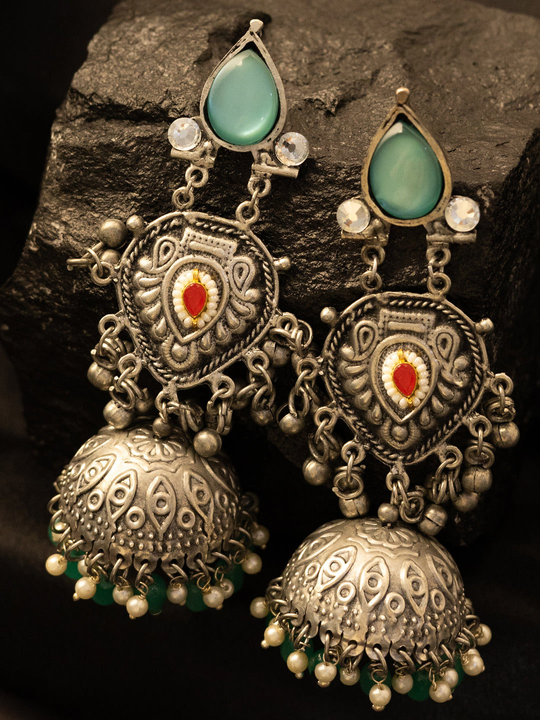 Silver-Plated Stones Studded And Beaded Contemporary Oxidised Drop Earrings