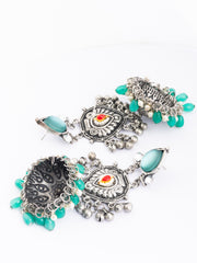 Silver-Plated Stones Studded And Beaded Contemporary Oxidised Drop Earrings