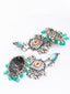 Silver-Plated Stones Studded And Beaded Contemporary Oxidised Drop Earrings