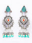 Silver-Plated Stones Studded And Beaded Contemporary Oxidised Drop Earrings