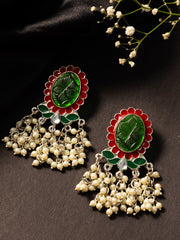 Silver-Plated Artificial Stone Studded & Beaded Oval Shaped Drop Earrings