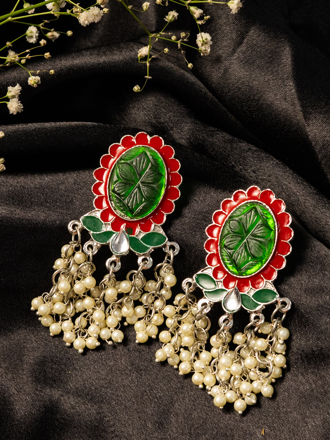 Silver-Plated Artificial Stone Studded & Beaded Oval Shaped Drop Earrings
