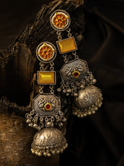 Silver-Plated Artificial Stones Studded & Beaded Dome Shaped Jhumkas