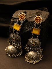 Silver-Plated Artificial Stones Studded & Beaded Dome Shaped Jhumkas