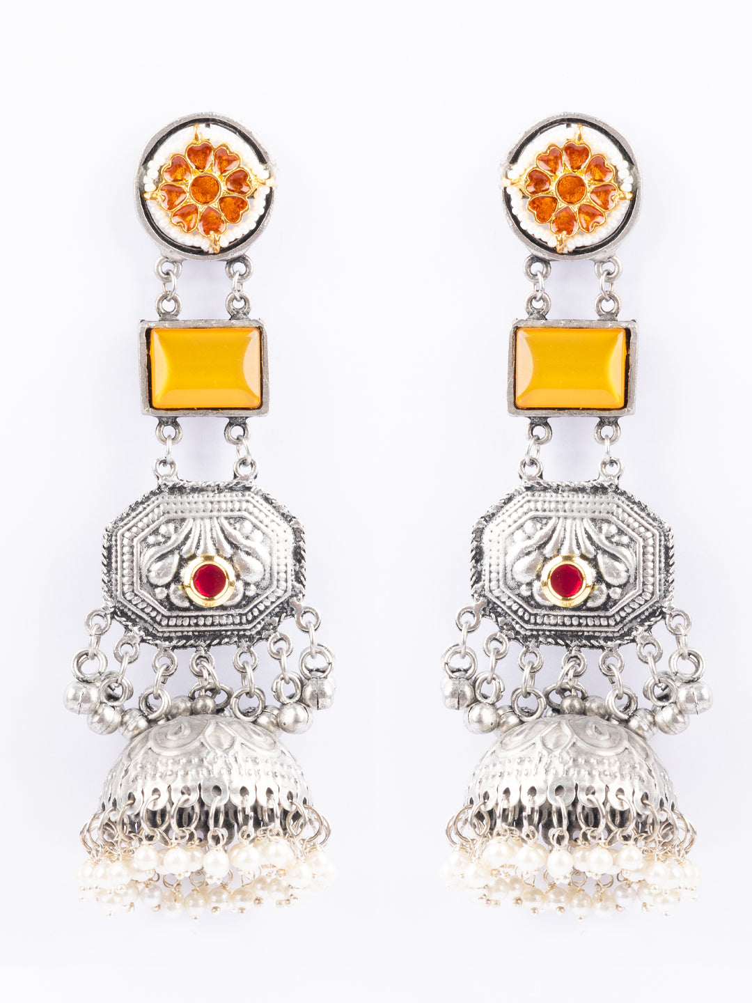 Silver-Plated Artificial Stones Studded & Beaded Dome Shaped Jhumkas