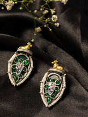 Silver-Plated Artificial Stones Studded & Beaded Teardrop Shaped Drop Earrings