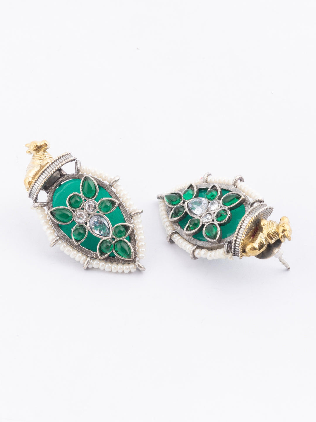 Silver-Plated Artificial Stones Studded & Beaded Teardrop Shaped Drop Earrings