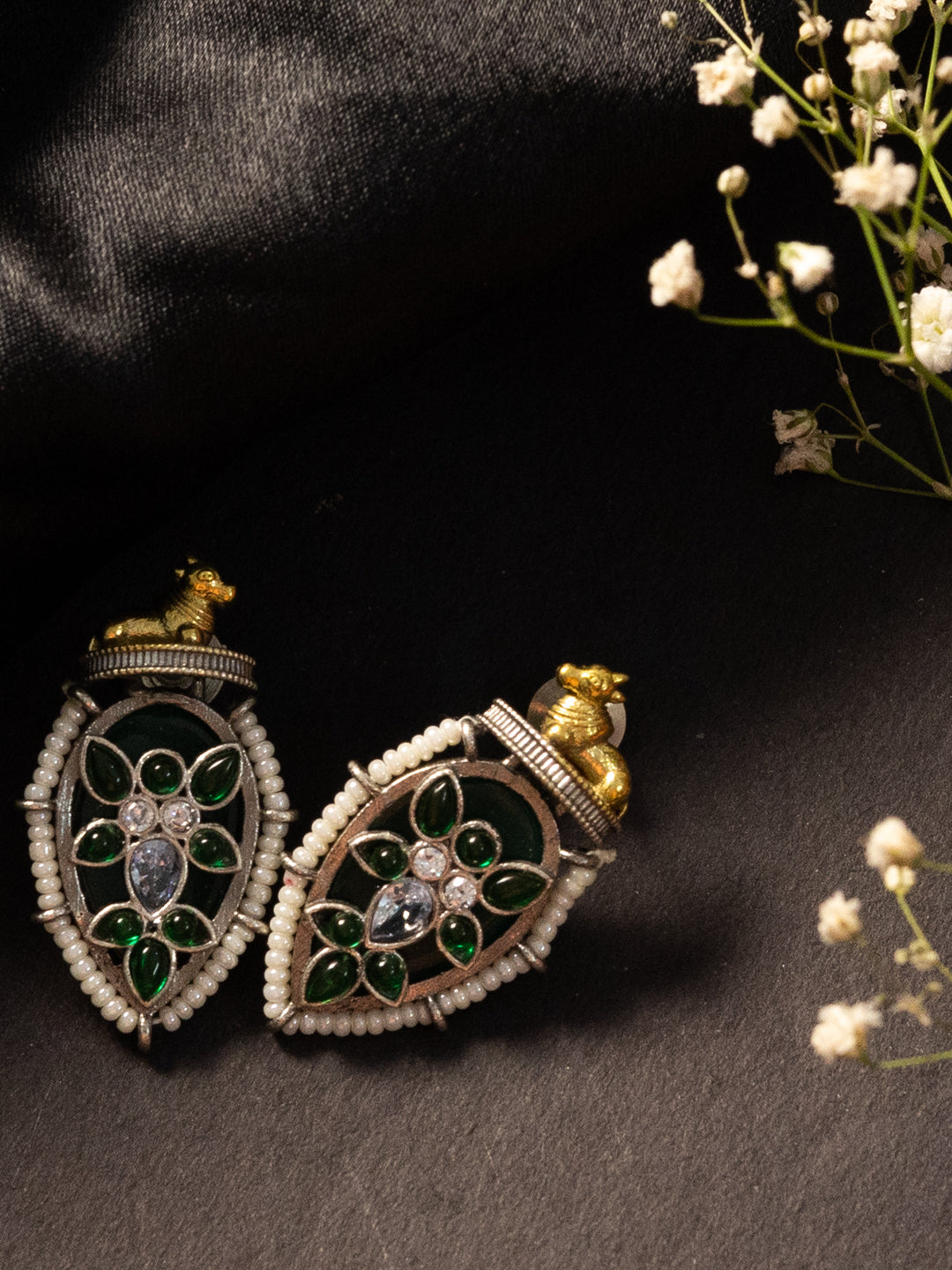 Silver-Plated Artificial Stones Studded & Beaded Teardrop Shaped Drop Earrings