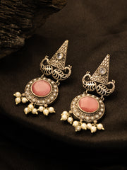 Silver-Plated Stones Studded And Beaded Geometric Shaped Drop Earrings