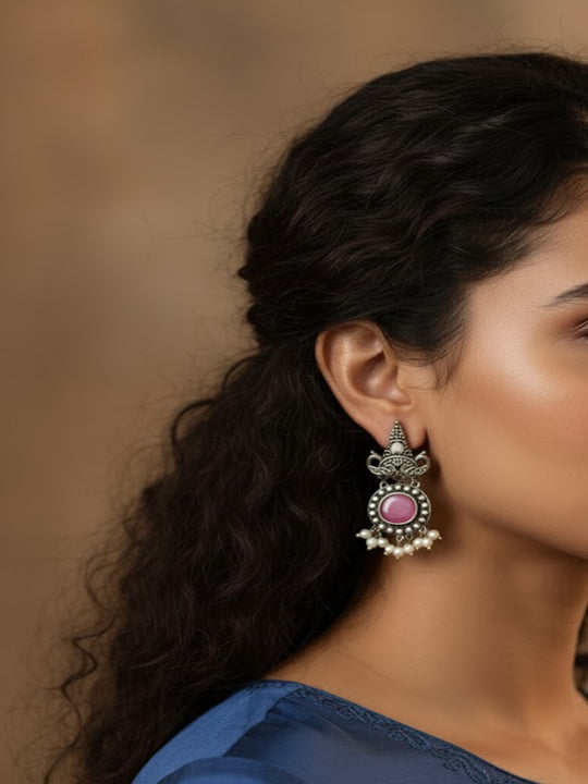 Silver-Plated Stones Studded And Beaded Geometric Shaped Drop Earrings