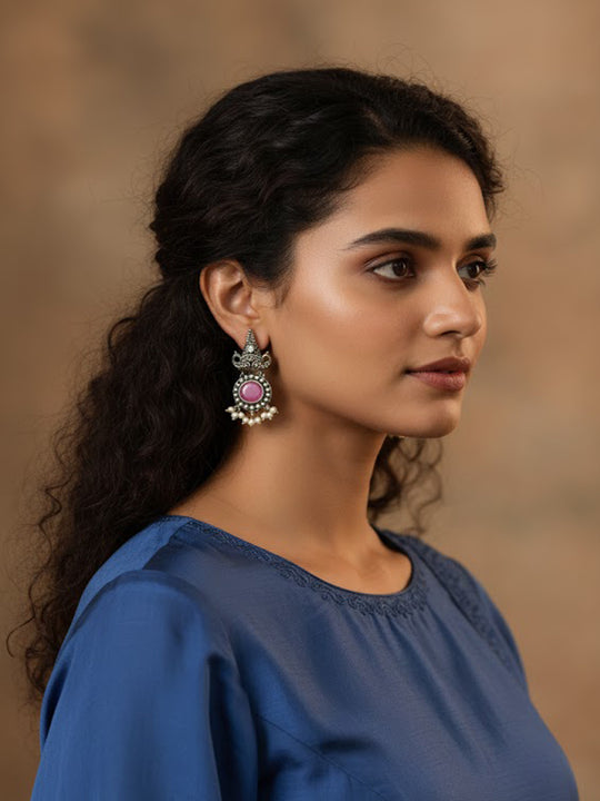 Silver-Plated Stones Studded And Beaded Geometric Shaped Drop Earrings