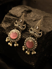 Silver-Plated Stones Studded And Beaded Geometric Shaped Drop Earrings