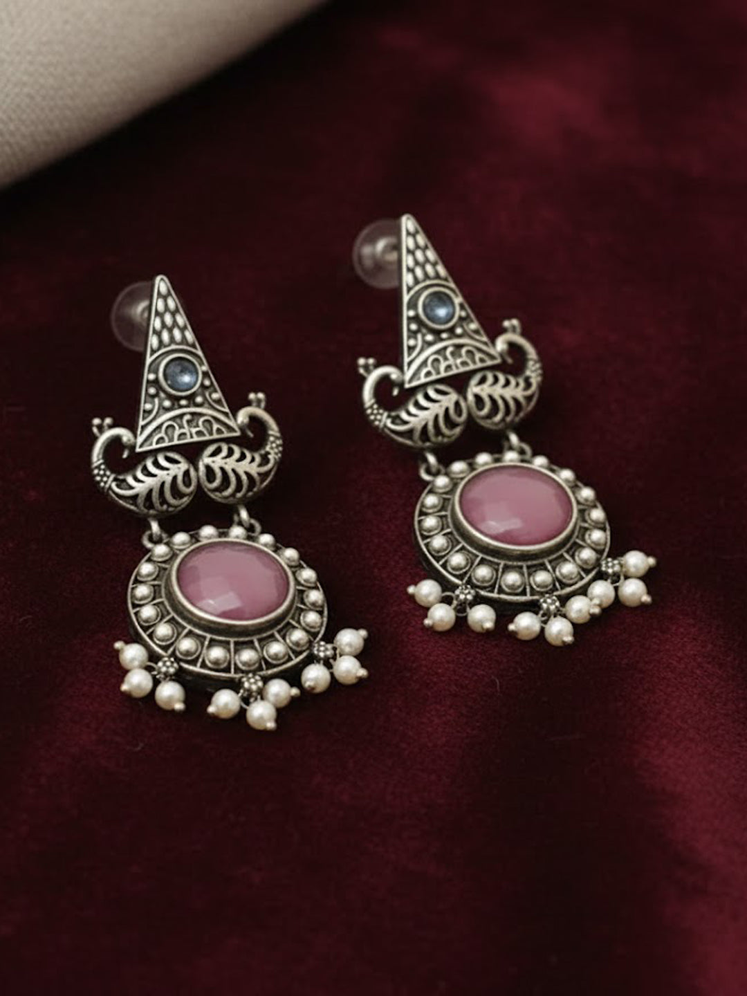 Silver-Plated Stones Studded And Beaded Geometric Shaped Drop Earrings