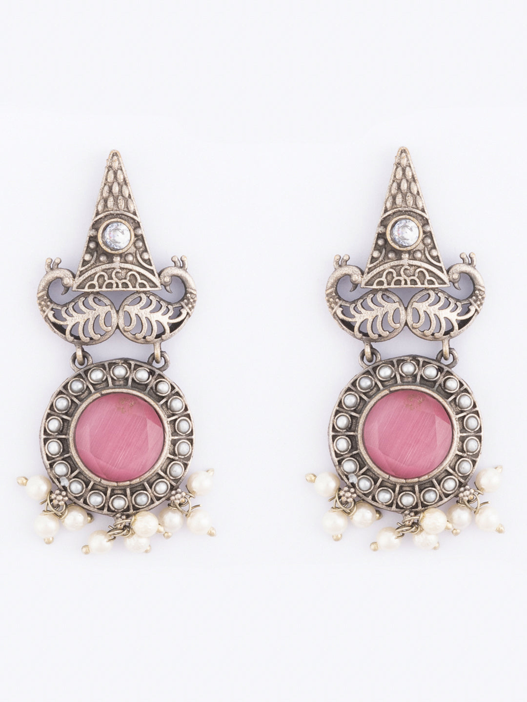 Silver-Plated Stones Studded And Beaded Geometric Shaped Drop Earrings