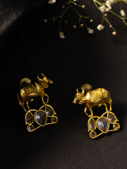 Gold-Plated Artificial Stones Studded Cow Shaped Drop Earrings
