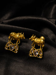 Gold-Plated Artificial Stones Studded Cow Shaped Drop Earrings