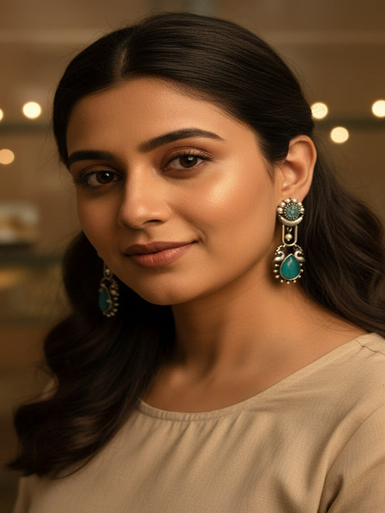 Silver-Plated Studded & Beaded Teardrop Shaped Drop Earrings