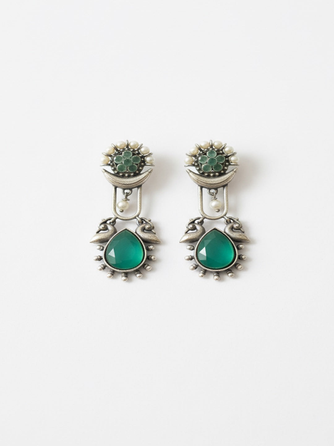 Silver-Plated Studded & Beaded Teardrop Shaped Drop Earrings