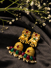 Gold Plated Artificial Stone Studded & Beaded Dome Shaped Jhumkas
